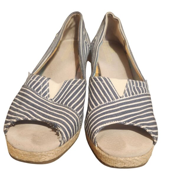 Toms Womens 7.5 Blue & White Striped Canvas Espadrille Peep Toe Wedge Heels - Picture 3 of 7